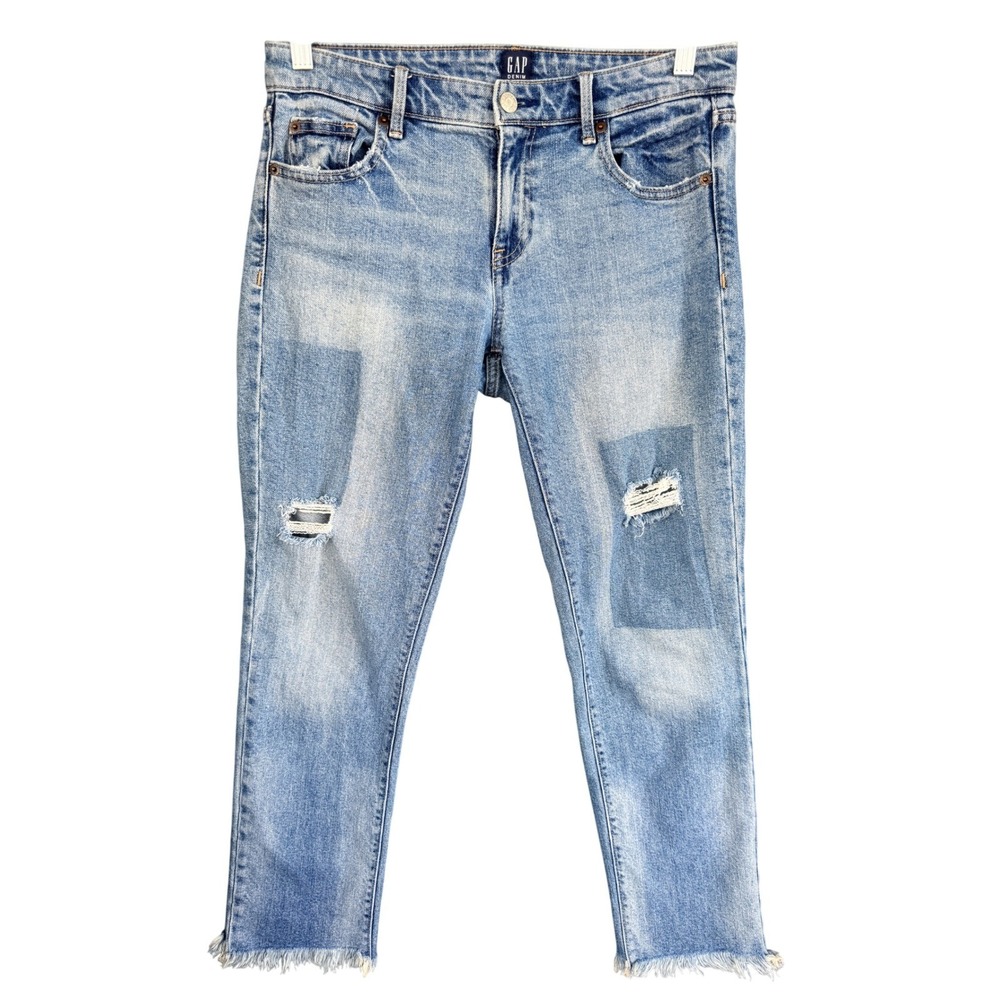 A4 Gap Jeans Distressed Frayed‎ Hem Girlfriend Aesthetic Light Wash Denim 26